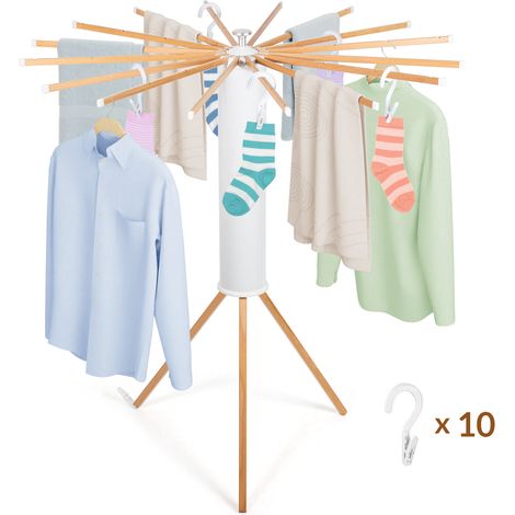 Todeco – Étendoir à linge intérieur pliant en bois – 16 tiges avec protection antidérapante – 10 pinces à linge incluses – Capacité 20 kg (1/5)
