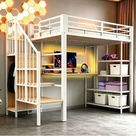 DESVIAE Lit mezzanine 90 x 200 cm avec escalier de rangement bureau long panneau perforé étagères LED prises euro métal et bois blanc (1/5)