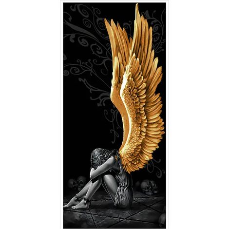 LÁMINA GRAN TAMAÑO IMPRESA EN LIENZO ALTA CALIDAD ÁNGEL ALAS DORADAS 50X100CM - DECORACIÓN DE PARED SIN MARCO - SpazioLuzio
