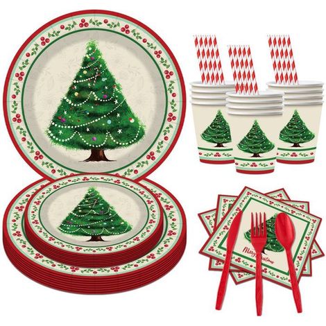 10 assiettes jetables Noël, design rétro sapin et gui, vaisselle complète pour dîner et dessert, idéal fêtes familiales et événements festifs