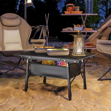 Outsunny Campingtisch mit Aufbewahrungskorb, höhenverstellbar, faltbar, Aluminium, Schwarz