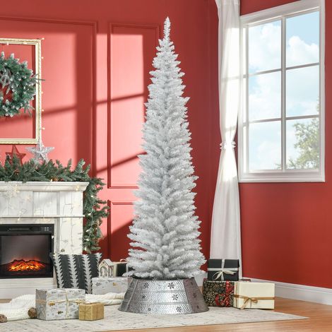 Sapin de Noël 210 cm blanc artificiel étroit avec 499 branches et base détachable, facile à assembler