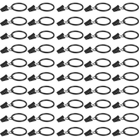 Lot de 50 anneaux de rideaux métalliques avec pinces, anneaux décoratifs noirs pour tringle à rideaux, anneaux à pinces pour rideaux. (1/5)