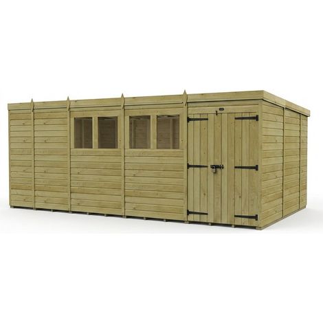 17ft x 10ft Pent Garden Shed Double Door With Windows - Pressure Treated Timber - L518 x W305 x H210 cm - Natural