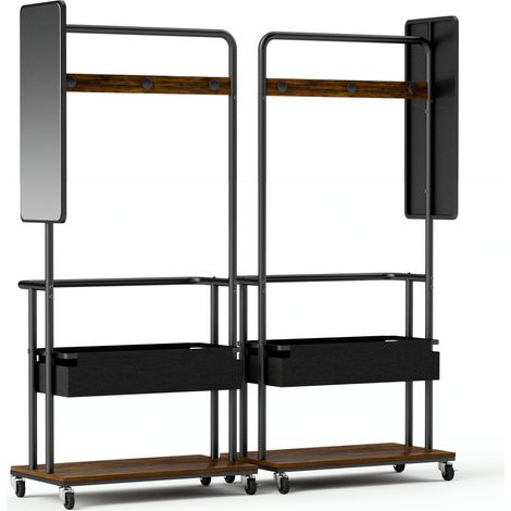 Perchero metálico con ruedas 3 en 1 con espejo y cesta, negro y marrón, 70 x 40 x 170 cm, HOMVRA (1/5)