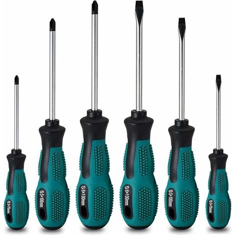 – Lot de 6 tournevis magnétiques – Acier CRV anti-oxydation – 3 têtes plates et 3 cruciformes – Poignée ergonomique antidérapante (1/3)