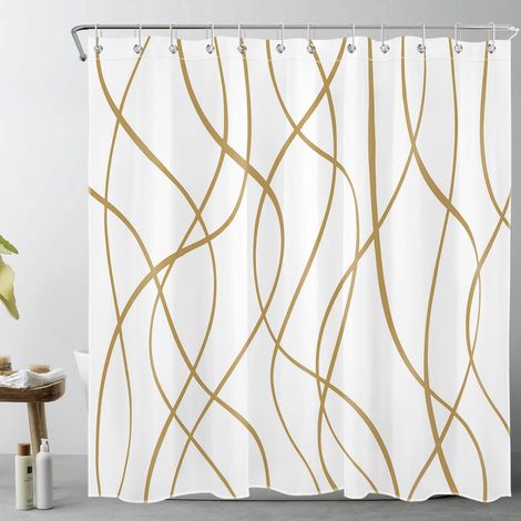 Abstrait Rideaux de Douche 180x200cm(LxH) Rayures d’Or foncé Rideaux de Bain avec Crochets, Blanc géométrique Moderne Extra Longue Imperméable Polyester Anti Moule Salle de Bain Décor (1/5)