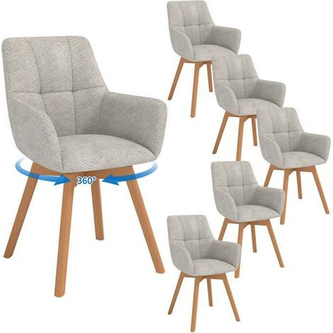 WAFTING Lot de 6 Chaises de Salle à Manger Pivotantes 360°, Accoudoirs et Pieds Bois, Dossier en Fausse Laine d’Agneau.Gris Clair. (1/5)