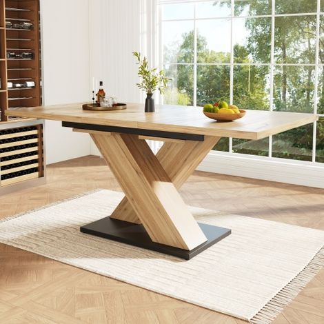 Table à manger extensible 119‑158,5 ×80 ×75 cm, plateau à grain de bois naturel, piètement croisé en X, table multifonction stable pour 6‑8 personnes adaptée à la cuisine et au salon (1/5)