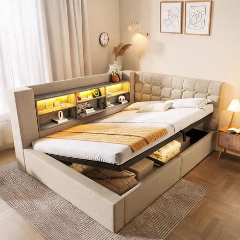 Cadre de lit beige en lin 213 x 158 x 86 cm (1/5)