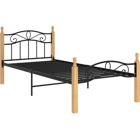 Bettgestell schwarz Metall und Massivholz Eiche 90x200 cm