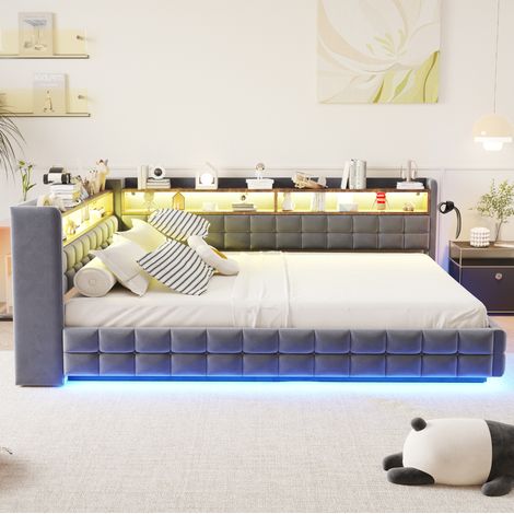 Letto divano imbottito 140 x 200 cm con contenitore idraulico, LED, ripiani, velluto grigio (1/5)
