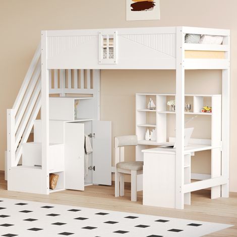 Lit mezzanine 90x200 cm, escalier avec rangement réversible, garde-corps avec fenêtre, lit en bois blanc (1/5)