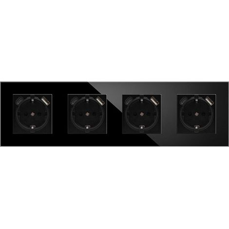 Quadruple Prise Murale avec 4 Ports USB,16A Prise de Courant Alternatif avec Panneau en Verre,Multiprise Murale Max 2.1A,Convient au Smartphone, à la Tablette (4 Prise avec 1 Ports USB,Noir) (1/2)