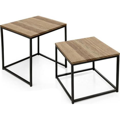 Set aus 2 Metalltischen mit Eichenholzplatten 50x50x51 und 44x44x38