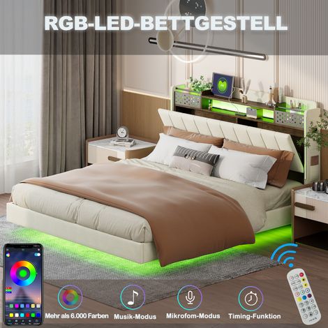 Cama con Arcón 140×200 cm, Cama Doble con USB, LED Regulable y Espacios de Almacenaje, sin Colchón, Beige (1/5)