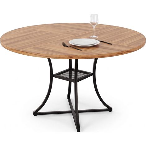 FurnitureR Table ronde 100 cm effet noyer avec structure métallique noire en X, rangement central et pieds réglables, pour 4 à 6 personnes (1/5)