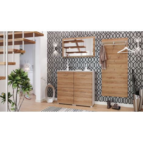 Garderobe Set 005 Detroit 4 tlg Schuhschrank 4 Klappen 16 Paar Weiss-Eiche (1/5)