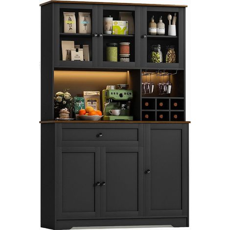 Buffet de cuisine, avce fonction de conservation du vin, conception anti-basculement, 10 unités de stockage, 100x40x180cm, noir (1/5)