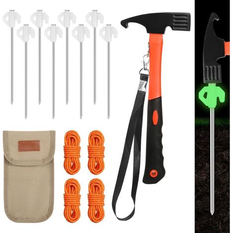 Lot de 8 piquets lumineux, marteau multifonction et 4 tendeurs réfléchissants - Corde et sardines - Sac de rangement - Accessoires pour camping et extérieur