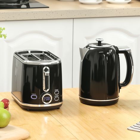 Set composto da bollitore e tostapane, bollitore in acciaio inox da 1,7 litri (2200 W) e tostapane a 2 fette, colore nero.