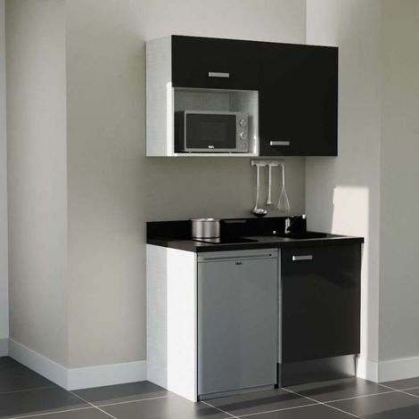 Kitchenette K07L - 120 cm - emplacements frigo top et micro-ondes-Noir-Nero-évier à droite