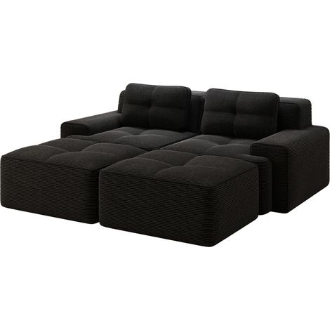 Divano modulare a U in velluto a coste nero con ottomana, 204 x 177 x 69 cm, HOMVRA (1/5)