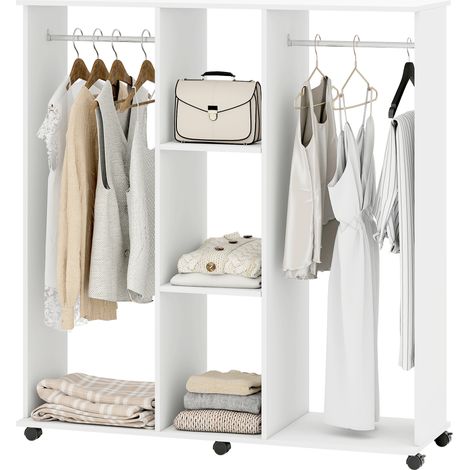 Armadio, mobile contenitore con 6 ruote, 120 x 40 x 128 cm, legno bianco