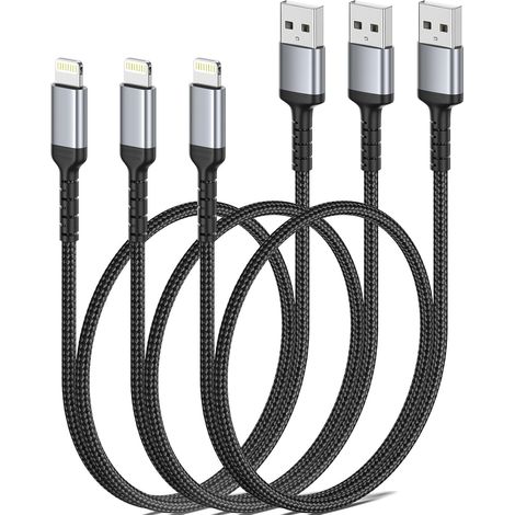 Câble iPhone Court [50CM, Lot de 3], Cable Chargeur iPhone Nylon Tressé Fil Lightning Certifié MFi pour Apple iPhone 14 13 12 11 Pro Max Xs X 8 7 6 Plus SE iPad Air/Mini