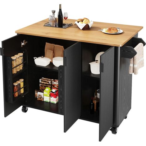 Ilot central de cuisine extensible Noir,Desserte Cuisine avec 3 portes,plan de travail,130x45(75)x92cm (1/5)