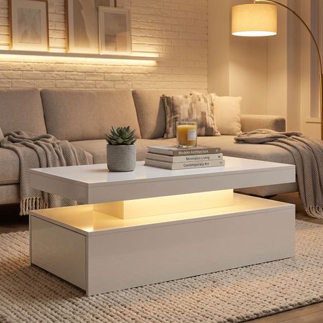Table basse LED avec rangement, table de salon moderne à 2 niveaux avec 2 tiroirs, blanc brillant (1/5)