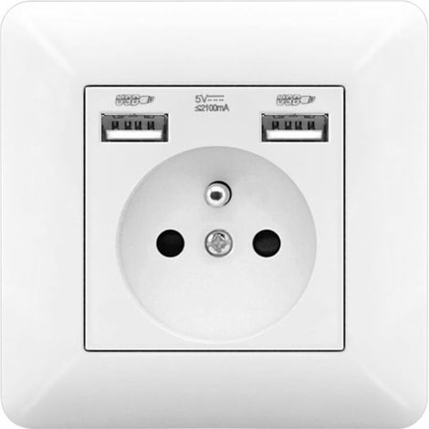 Prise murale 250V/16A avec double ports USB – 5V/2.1A, panneau en plastique, prise électrique standard blanche, compatible avec appareils USB (smartphones, tablettes, etc.) (1/5)