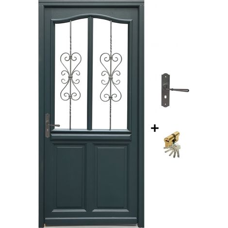 Gd Menuiseries – Porte d'entrée bois vitrée Sabrina gris anthracite – H215 x L90 cm – Sens d'ouverture droit – Poignée et barillet inclus (1/5)