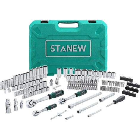 Stanew – Coffret cliquet et douilles 192 pièces – Acier chrome-vanadium – 3 clés à cliquet 72 dents – Douilles standard/profondes/Torx