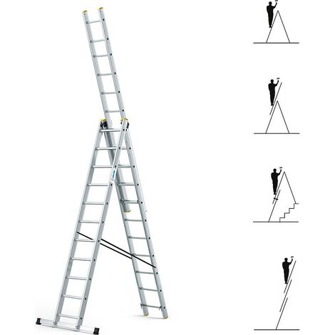 Echelle transformable 3 plans StablePro 3x11 marches aluminium extensible coulissante, 6 positions, hauteur travail max 6,31m, garantie 5 ans, Hostrom