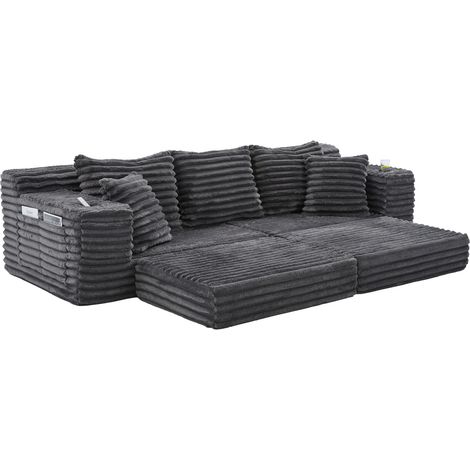 Divano letto in velluto a coste con schienale alto, tasche laterali e portabicchieri (1/5)