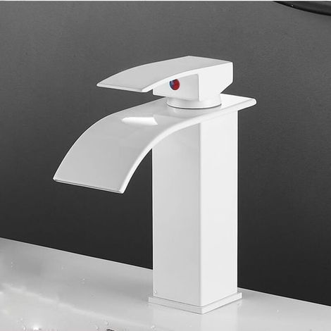 TAISHENGDA-Robinet de salle de bain blanc à bec plat et court avec tuyau d'arrivée de 60 cm Robinet d'eau chaude et froide à bec large de style européen pour lavabo/évier (1/5)