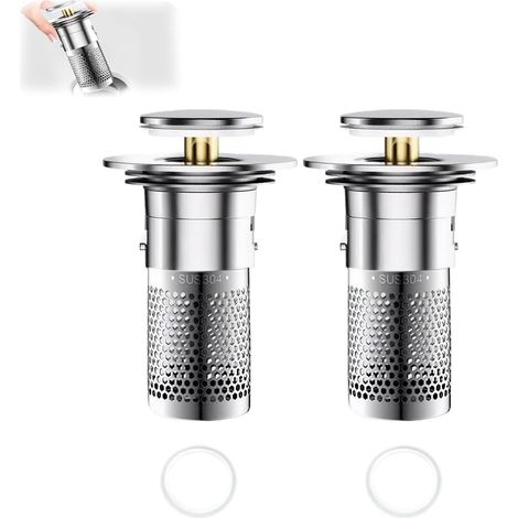 2 Pièces Bouchon de lavabo INOX, Bouchon Lavabo Salle De Bain Avec Filtre Anti-Colmatage En Acier Inoxydable Bouchon Lavabo Pop-Up Universel pour Baignoire Cuisine(Orifice de Vidange 34-40mm) (1/5)