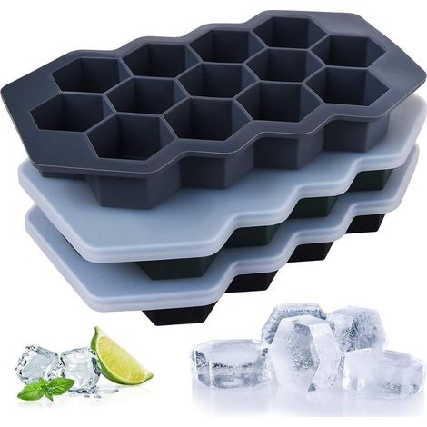 Silikon-Eiswürfelform – 39 sechseckige Würfel – Auslaufsicherer Deckel – Wiederverwendbar – BPA-frei – Für Kaltgetränke, Cocktails und Whisky – 3er-Set (1/5)