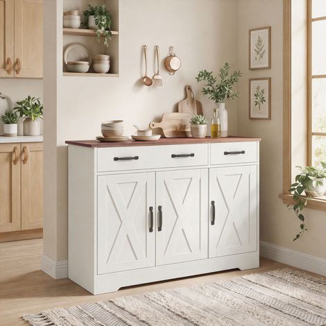 Credenza da cucina, mobile contenitore con 3 ante scorrevoli, 2 cassetti e ripiani regolabili, 108 x 40 x 81 cm, bianco