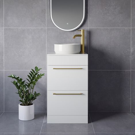 Napoli 390 Gloss White 500mm 2 Drawer Vanity Unit for Countertop Basins - 500mm - Brushed Brass 320mm Handle