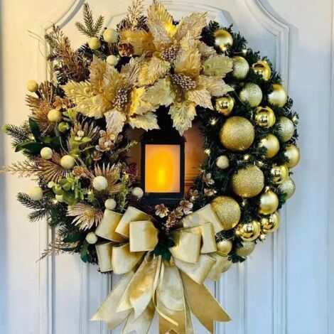 15,7-Zoll-Weihnachtskranz mit LED-beleuchtetem Mittelstück, großer goldener Schleife, Weihnachtssternen und Christbaumkugeln für die Haustür, Lichterkette, Weihnachtskranz, Wanddekoration (1/4)