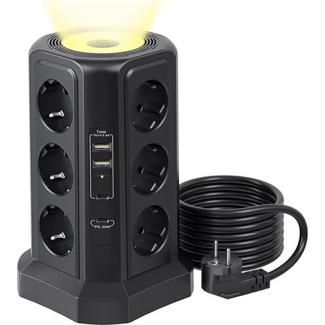 12-fach-Turmsteckdosenleiste (4000 W / 16 A) mit 20 W USB-C PD, Überspannungsschutz, 4 USB-Anschlüssen und Schaltern – PASSUS, 1,8 m Kabel