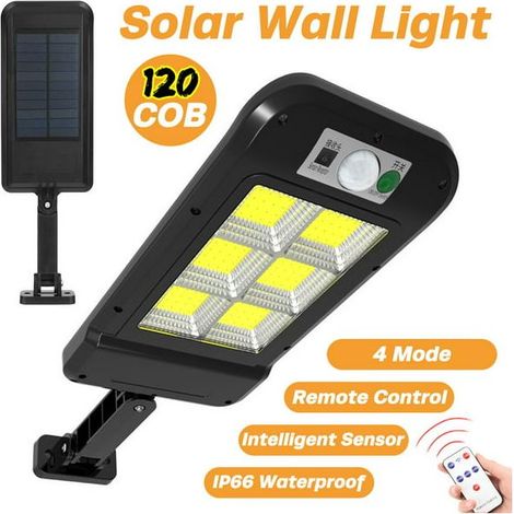 120 COB Solaire Réverbères LED éclairage Solaire Avec Induction + Télécommande + PIR Motion Senor étanche IP65 Crépuscule à L'aube Applique Murale Pour Extérieur/Garage/Cour/Jardin (1/5)