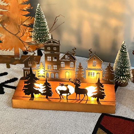Plateau à bougies de Noël en métal et bois avec motif de maison rustique pour centre de table, décoration de vacances (SDZT-34S) (1/4)