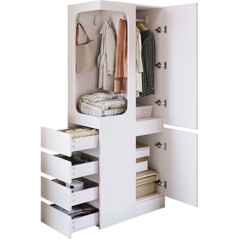 Armoire 70 x 40 x 170 cm, avec tiroirs et compartiments de rangement, espace penderie ouvert, à 1 porte, blanc (1/5)