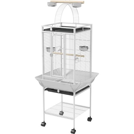 Cage pour oiseaux et perroquets, 3 portes, 2 perchoirs, roulettes 360°, bol, rangement et plateforme, 62,5×62,5×156 cm, blanc