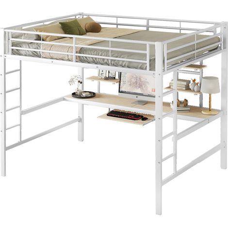 Cama alta 140x200 cm de metal blanco con escritorio, dos estantes y escalera, ideal para estudiar y ahorrar espacio en dormitorio juvenil  CHICFURN (1/5)