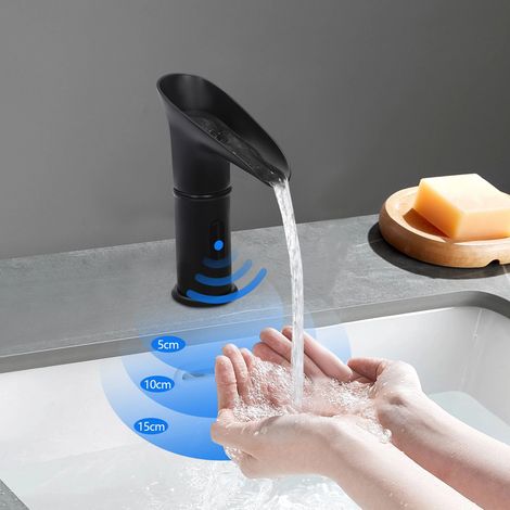 Schwarzer automatischer Infrarot-Waschtischhahn, berührungsloser Wasserfallhahn, automatischer Mischhahn für Badezimmer