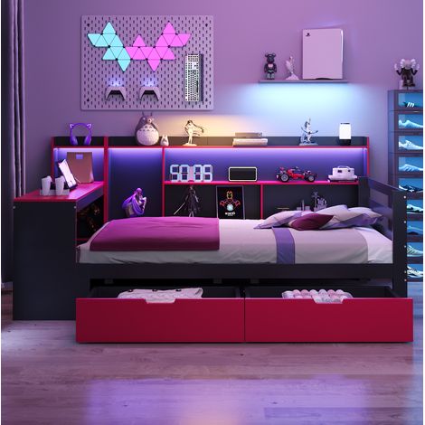 Letto multifunzionale 90 x 200 cm in legno nero e rosso con scrivania, libreria e cassetti (1/5)